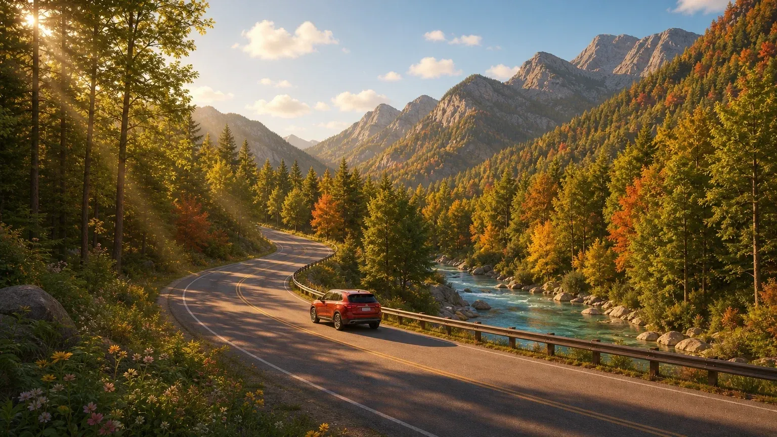 A small red car on a winding road through autumn hills and mountains