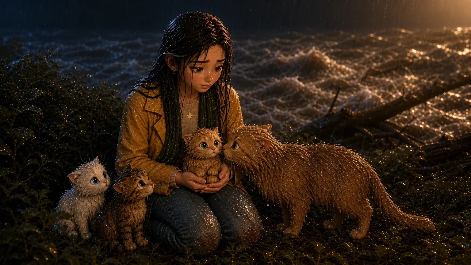 Sara kneeling in the rain holding a kitten while the mother cat presses close and the two other kittens sit at her knees