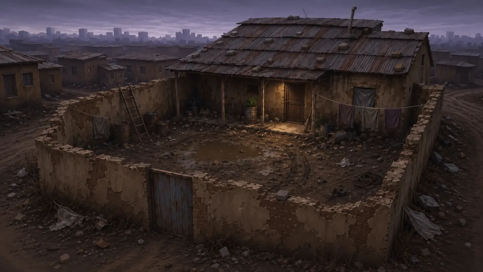 A crumbling house with a rusted roof and broken walls at dusk