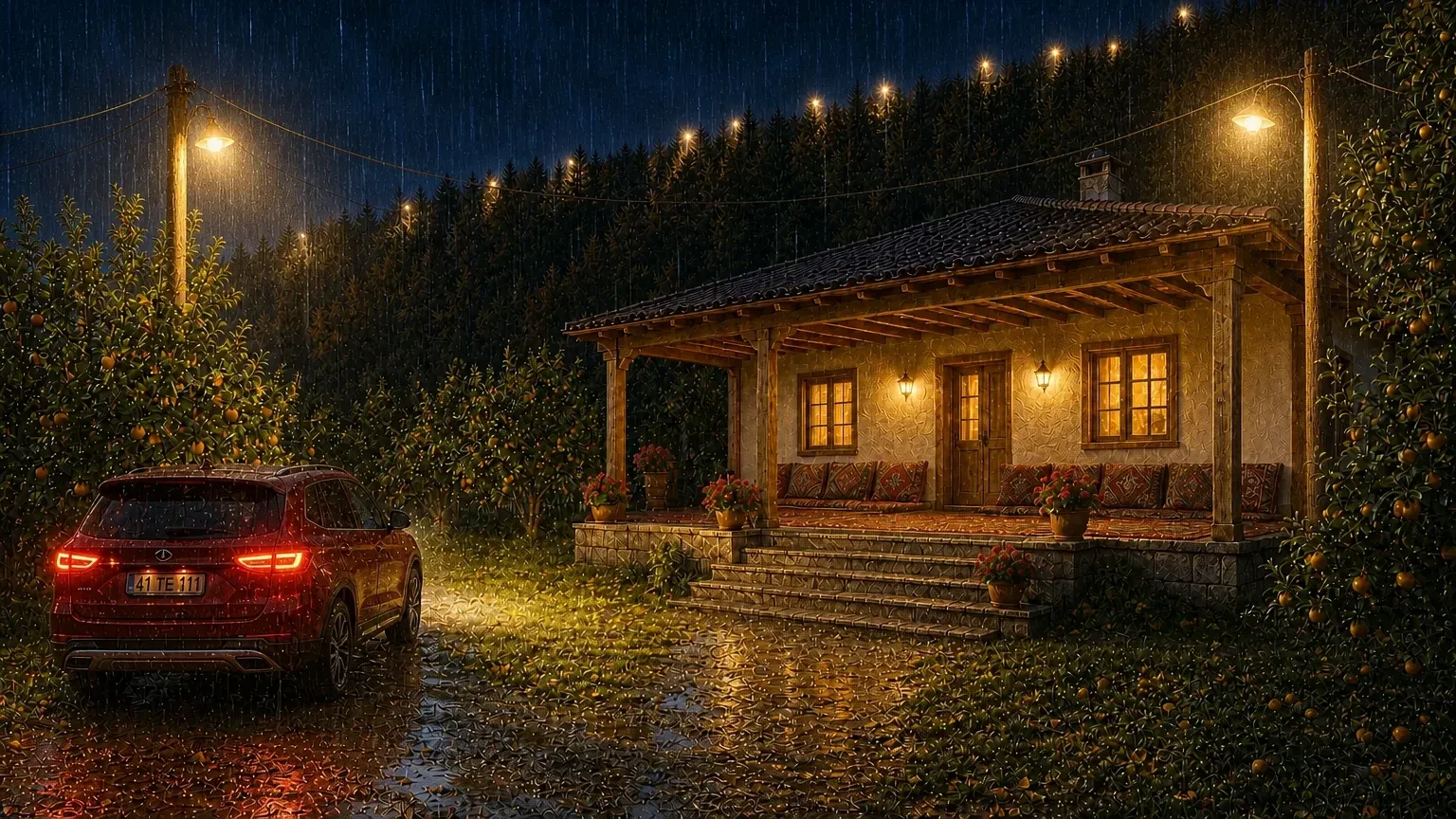 A village house with a wooden veranda and warm windows on a rainy night