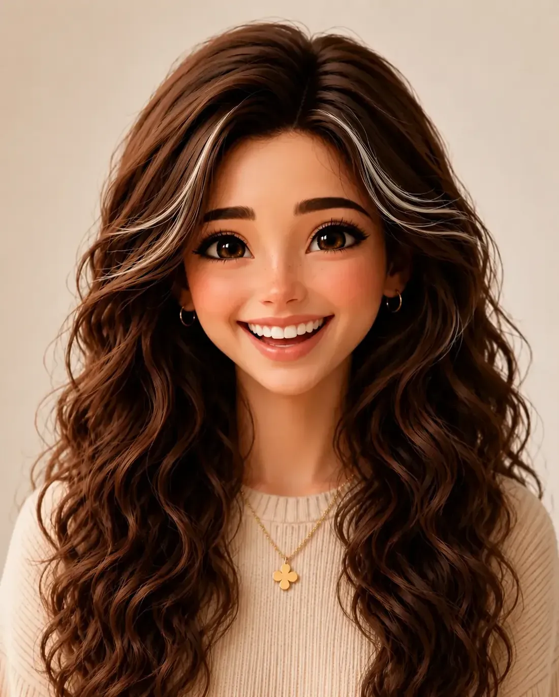 Sara laughing, her curly chestnut hair framed by two silver streaks, wearing her gold four-leaf clover necklace