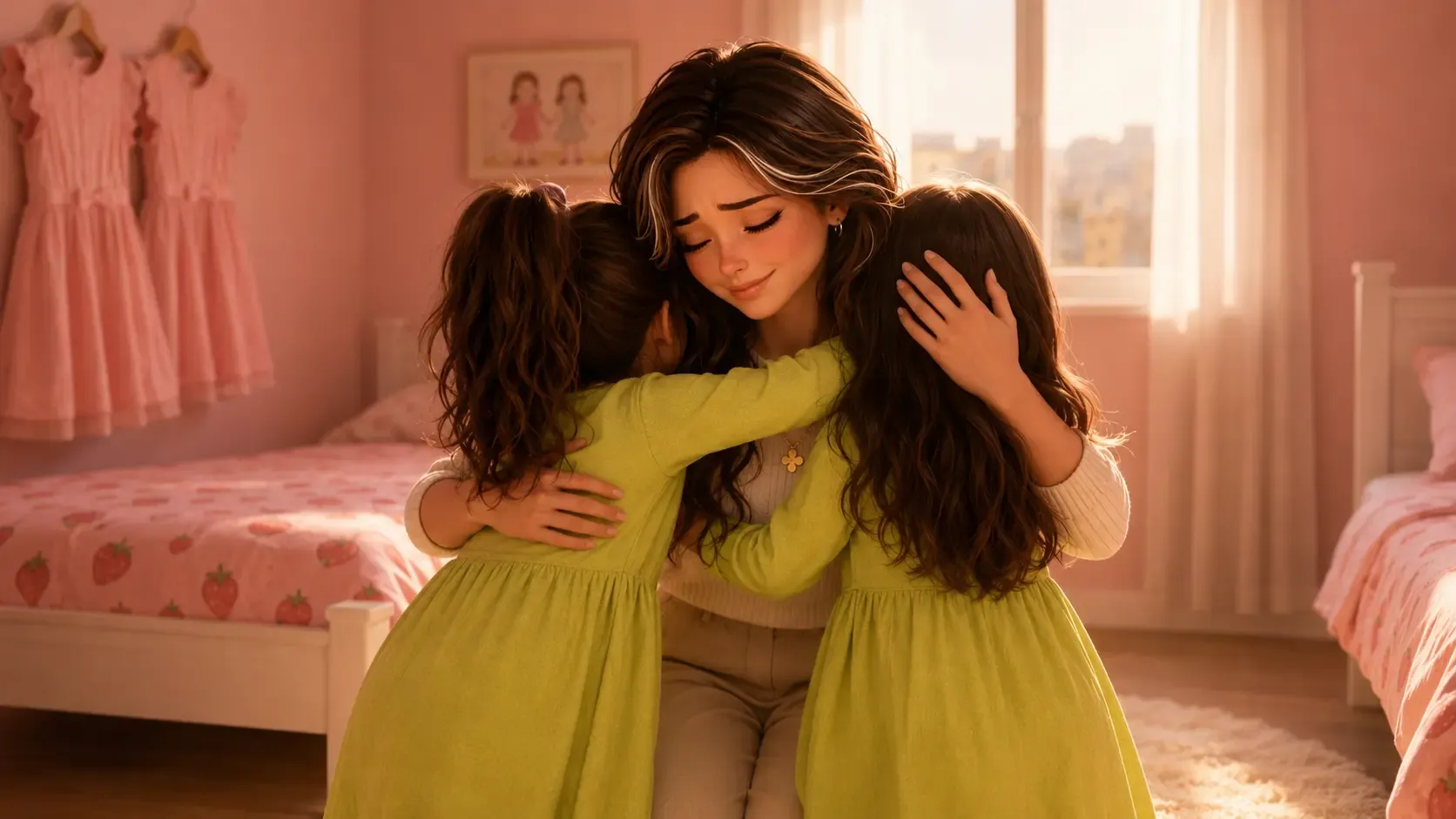 Sara kneels in the new pink bedroom, hugging both twins tightly