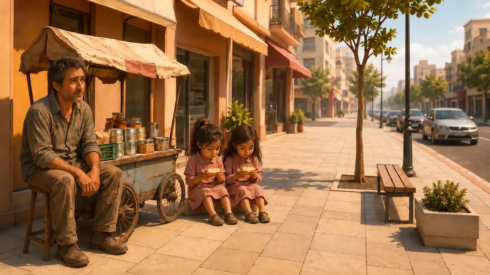A street vendor sits by his cart while his twin daughters share a piece of bread on the sidewalk