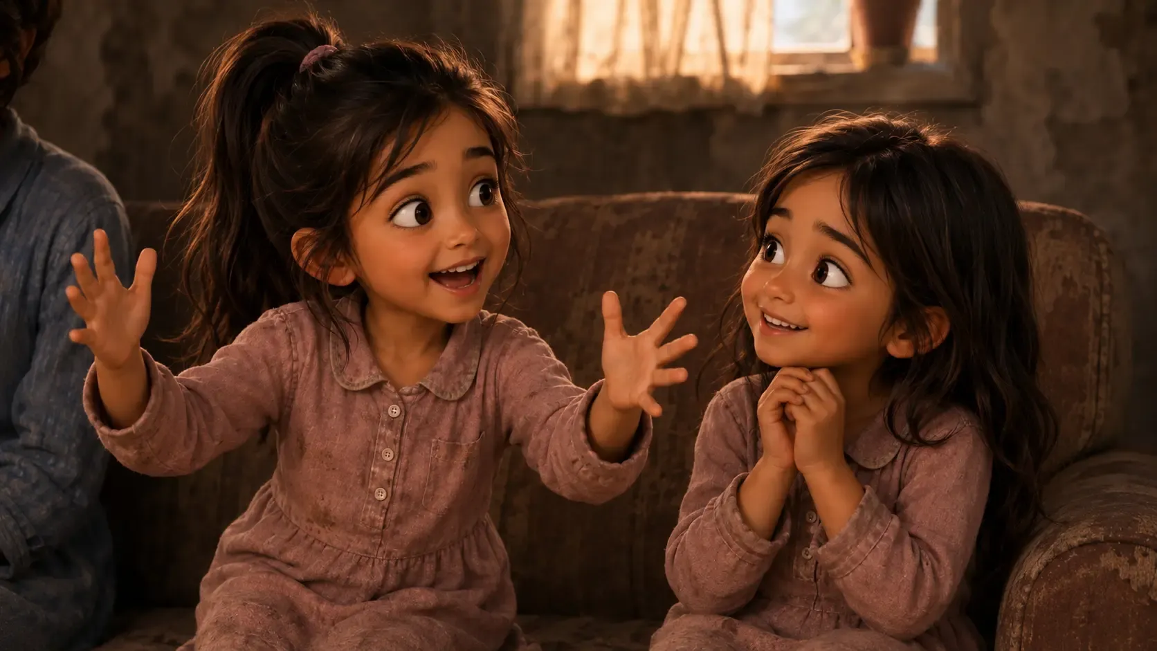 The twins excitedly describe their dream room with wide open hands